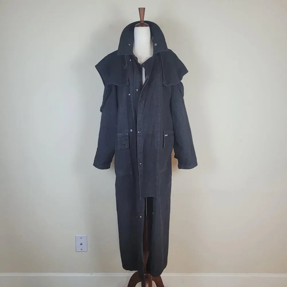 VTG Stoney River Coat Mens Medium Black Denim Duster Western USA Drover Outback
